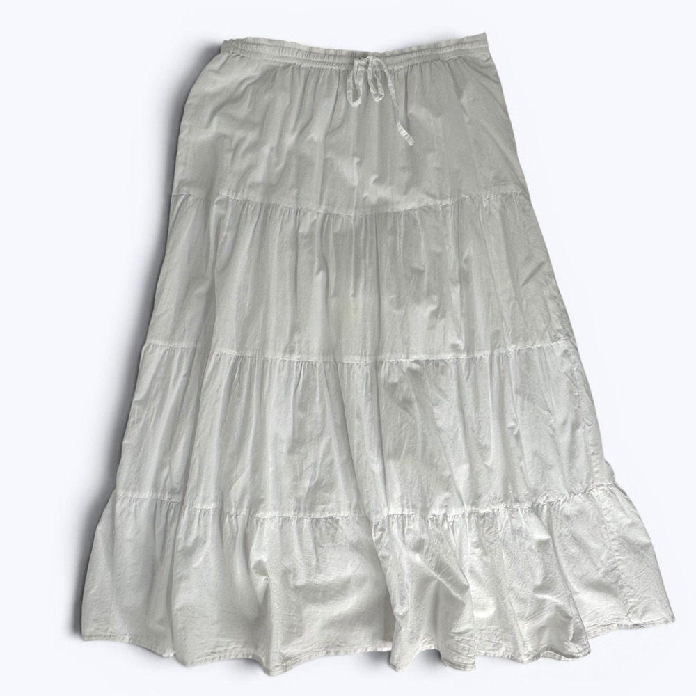 Provogue Tiered Maxi Skirt White Cotton Lined Pull On Boho Cottage Beach Sz L